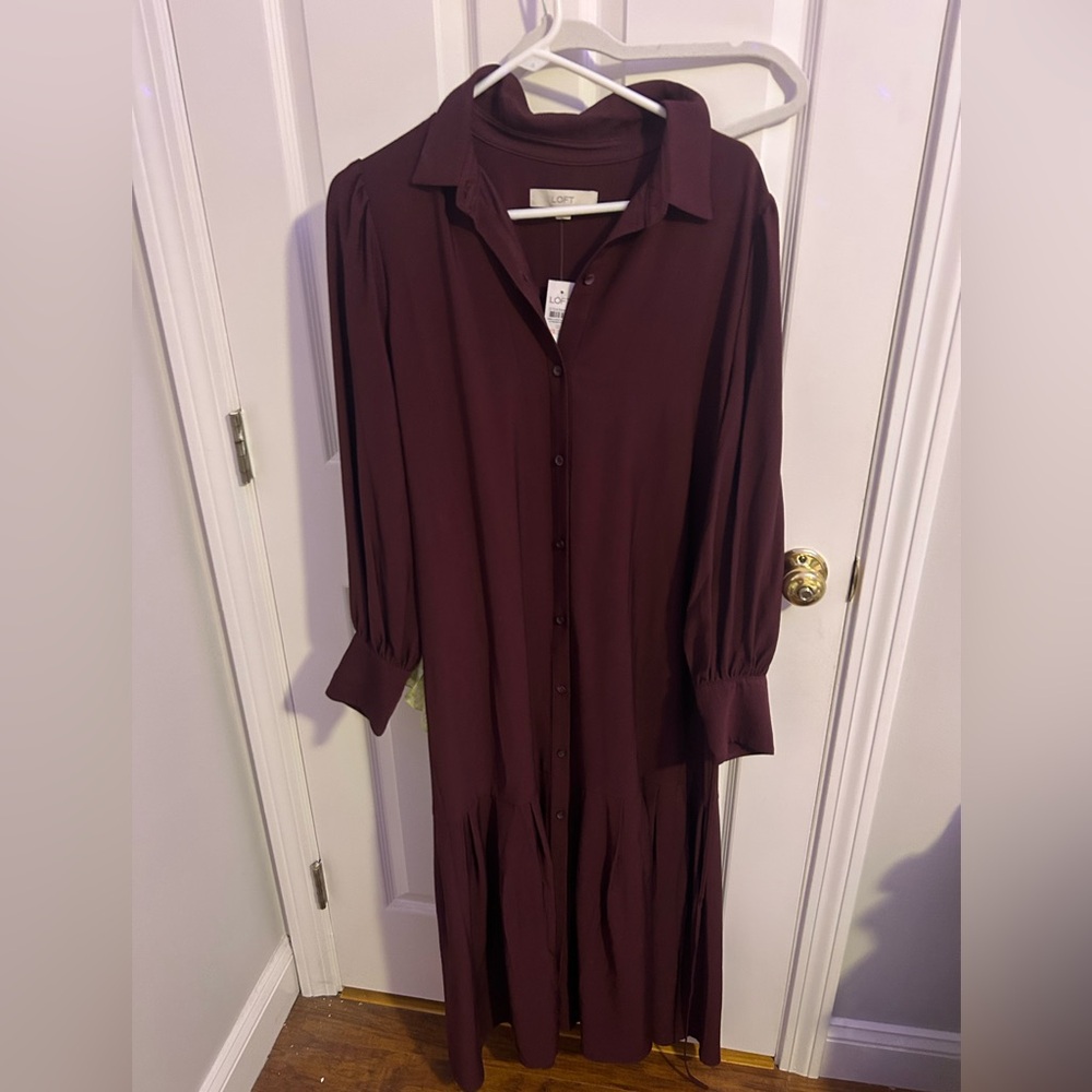 LOFT Maroon Pleated Long Sleeve Dress with Notched Collar